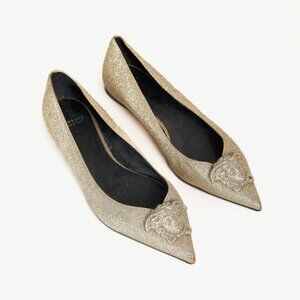 Versace Palazzo Gold Medusa Glitter Pointed-Toe Flats